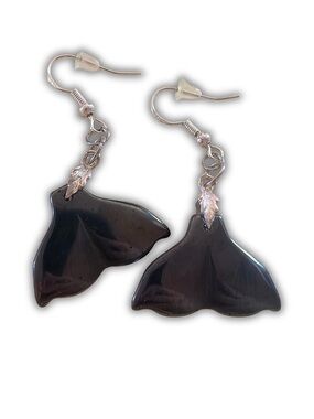 Black Whale Tail Dangle Earrings - Black Obsidian